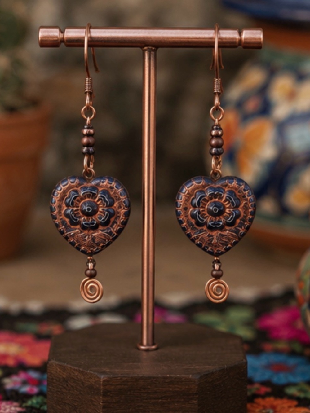 Copper Heart Drop Earrings with Blue Floral Accent